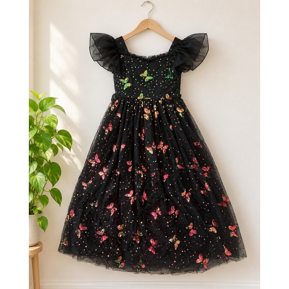 Sunny Fashion Girls Black Sequin Butterfly Maxi Dress Whimsigoth Dark Fairy S 12